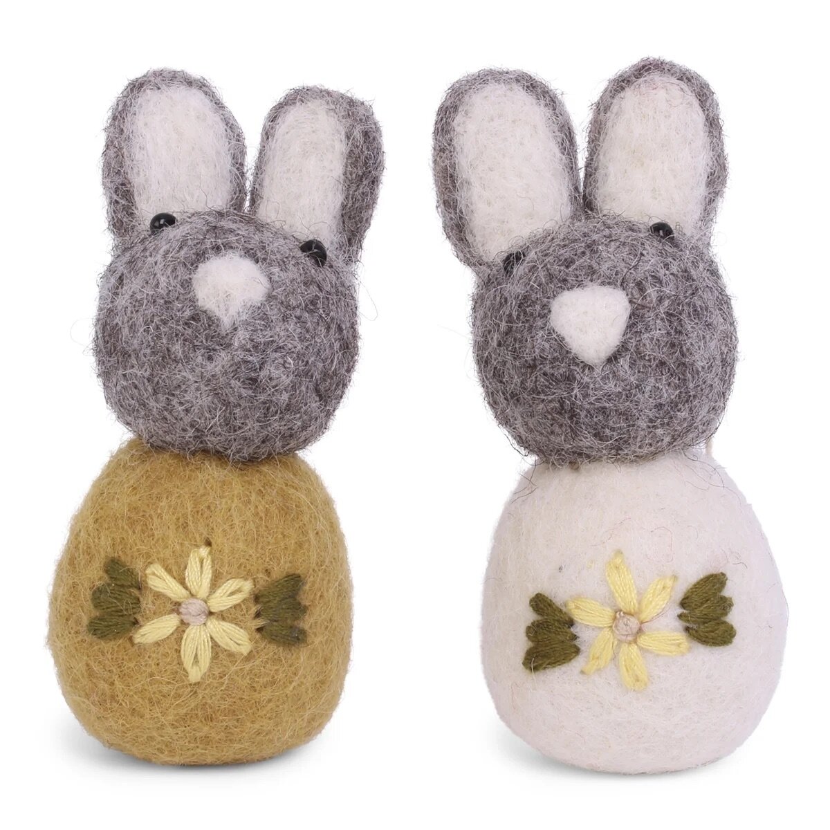 Grey Bunny w. Embroidered Flower Yellow Set of 2