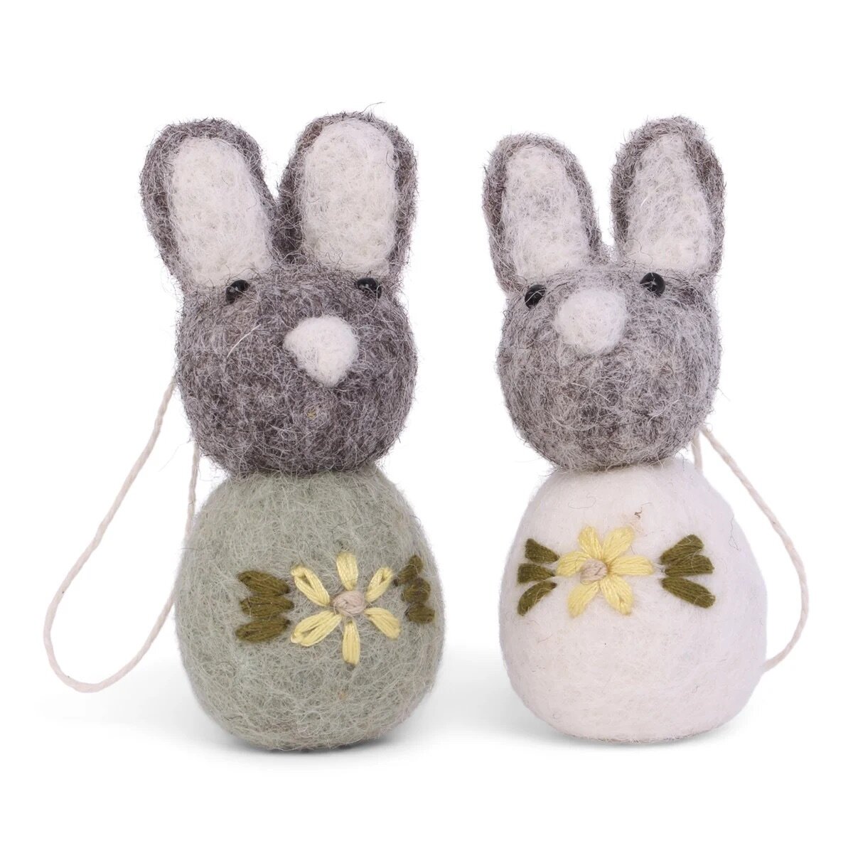 Grey Bunny w. Embroidered Flower Green Set of 2