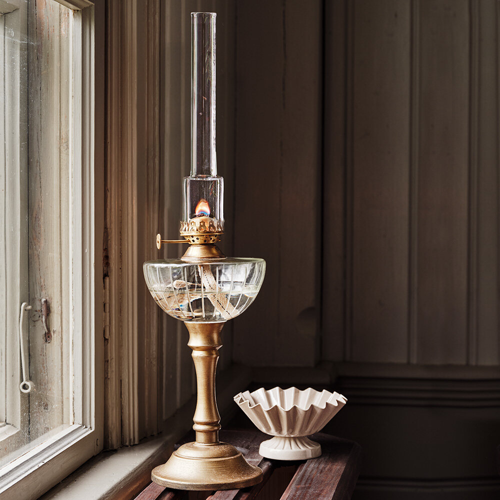 Kerosene Lamp On Foot Antique Brass