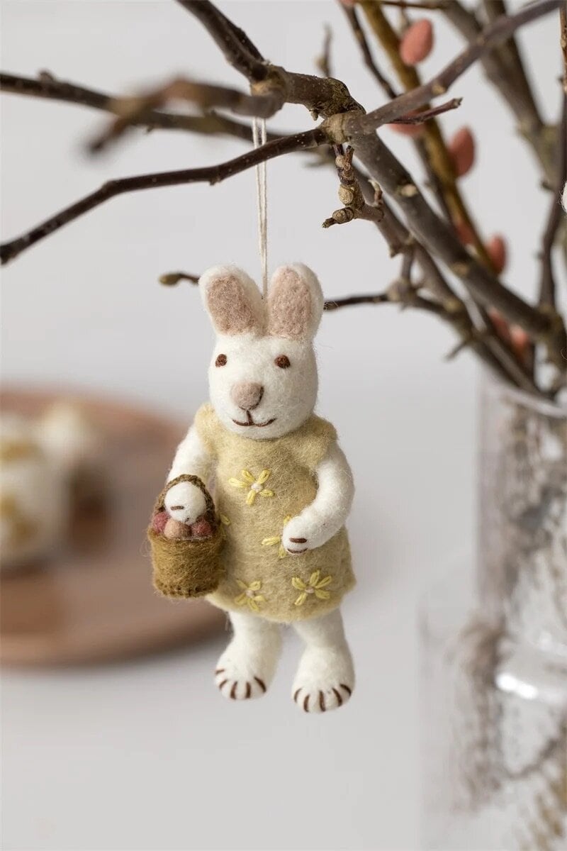 Small White Bunny w. Dress & Egg Basket