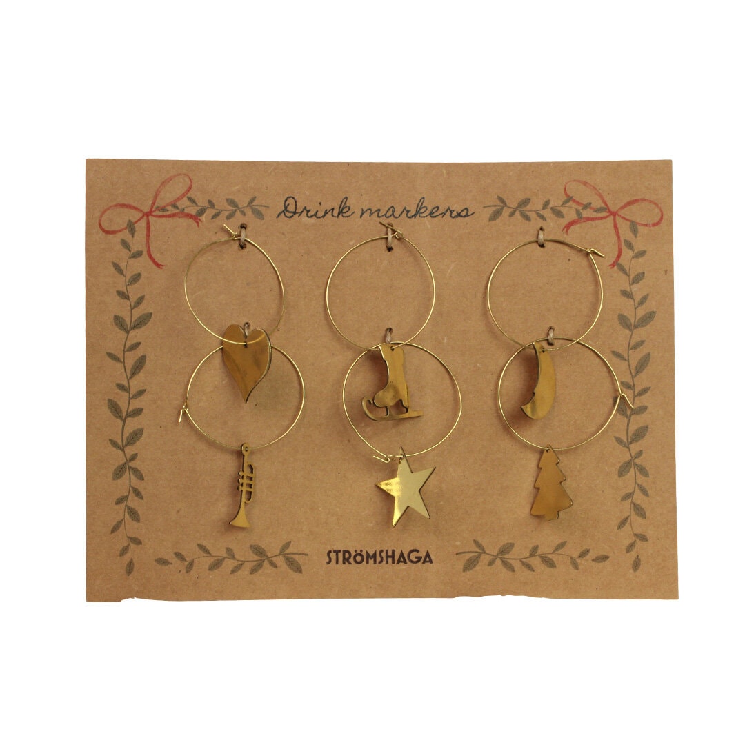 Wine Glass Charms Christmas Brass S/6