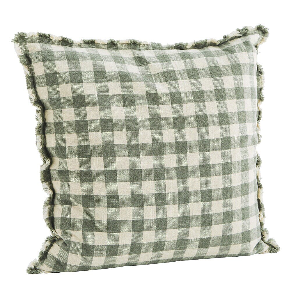 Checked Cusion Cover w. Fringes Green