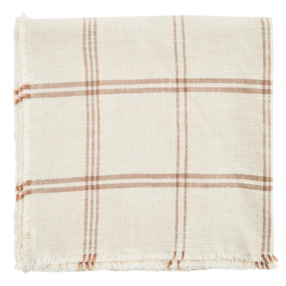 Checked Table Cloth w. Fringes Ecru/Nougat