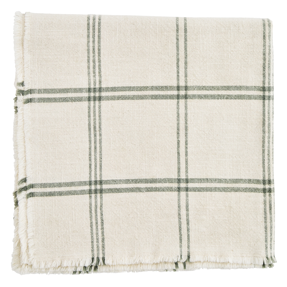 Checked Table Cloth w. Fringes Ecru/Green