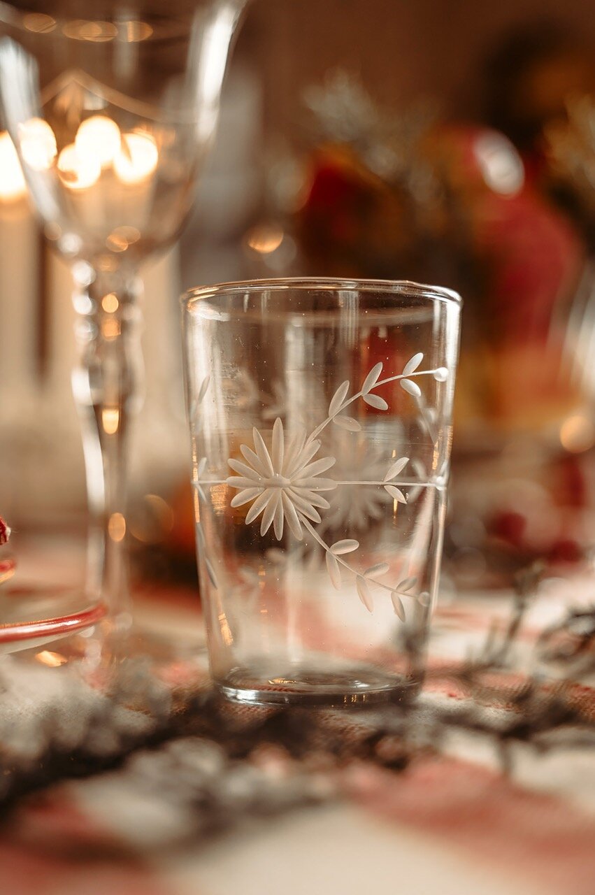 Drinking Glass Etched Floral