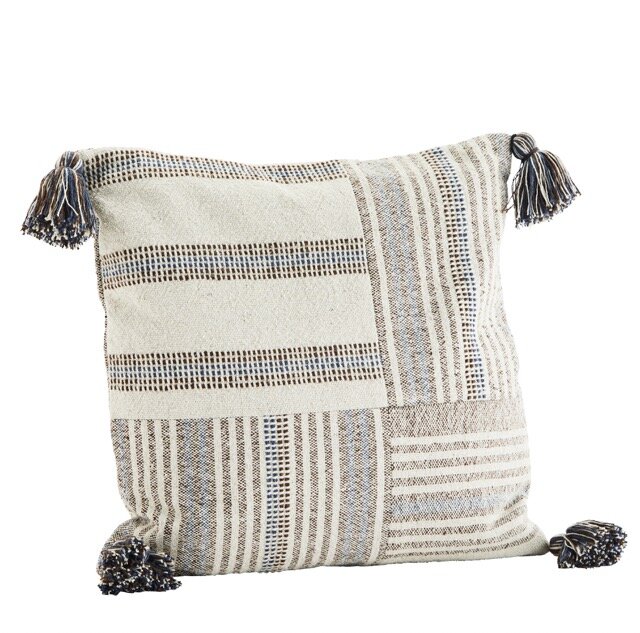 Cushion Cover Striped w. Tassels Blue/Gray