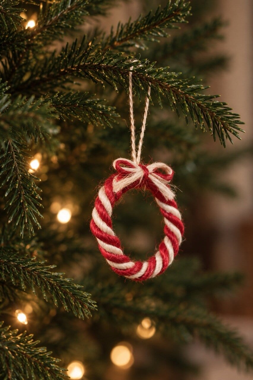 Candy cane ornament - jute, red/off-white